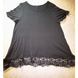 Black Short Sleeve Lace Trim Tunic Top Size 14/16 Scoop Neck Rayon Blend